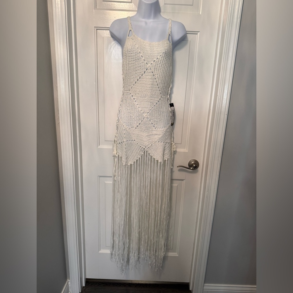 LA GLASS White Crochet Fringe Maxi Dress Size S-M Boho Beach Cover Up NWT